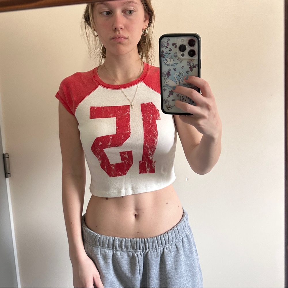 Red and White Cropped Baseball Tee